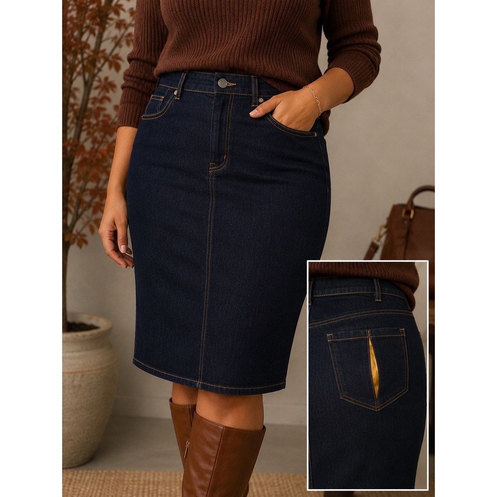 XL 155 Ashley Stewart NWT Dark Indigo Denim Pencil Skirt Contrast Stitch Pockets